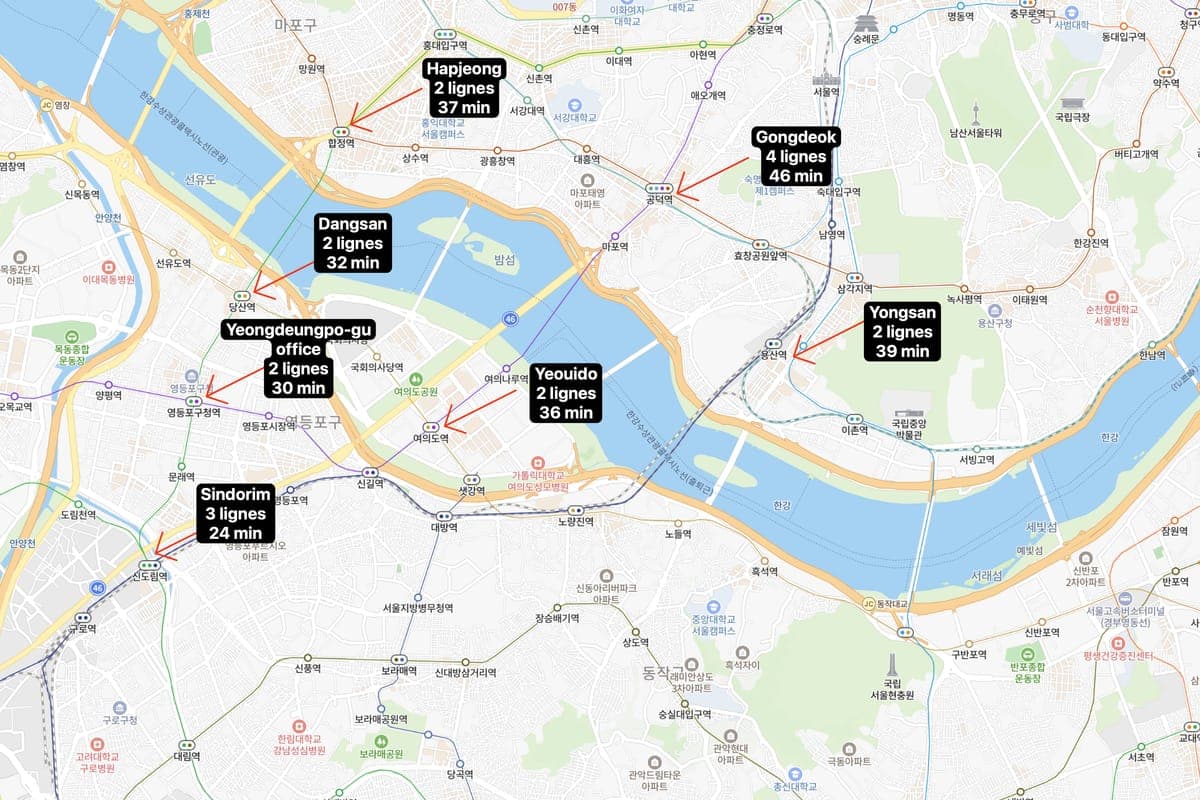 Carte de Séoul annotée par l'équipe : quartiers conseillés pour se loger, nombre de lignes de métro et temps de trajet